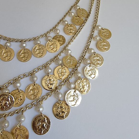 Vintage Gold Medallion Pearl Bib Necklace from Japan - Picture 7 of 10